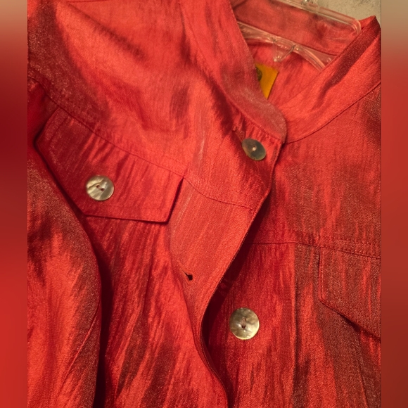 Very pretty, long sleeve shiny, coral colored button up top. Size 8 petite. - Picture 5 of 5